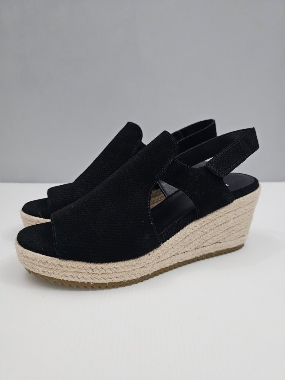 Eileen Fisher Wilda Espadrille Wedge Sandal Womens 8.5 Black Suede Slingback NEW